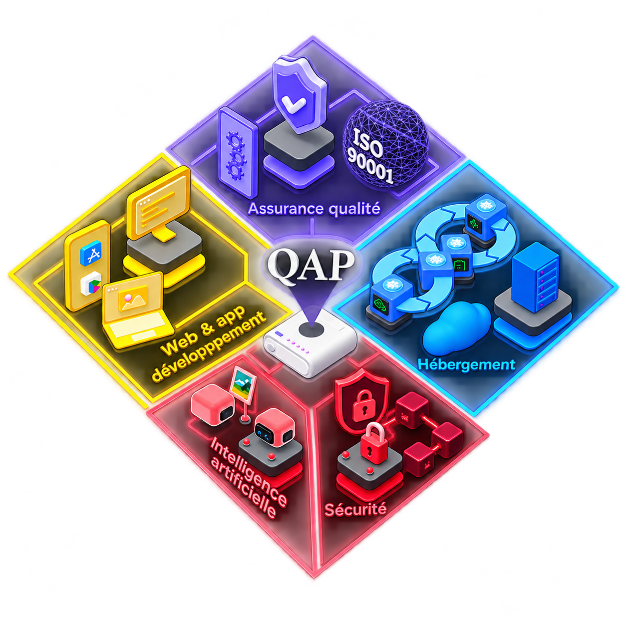 Les cinq expertises de QAP : développement, assurance qualité, intelligence artificielle, hébergement et sécurité